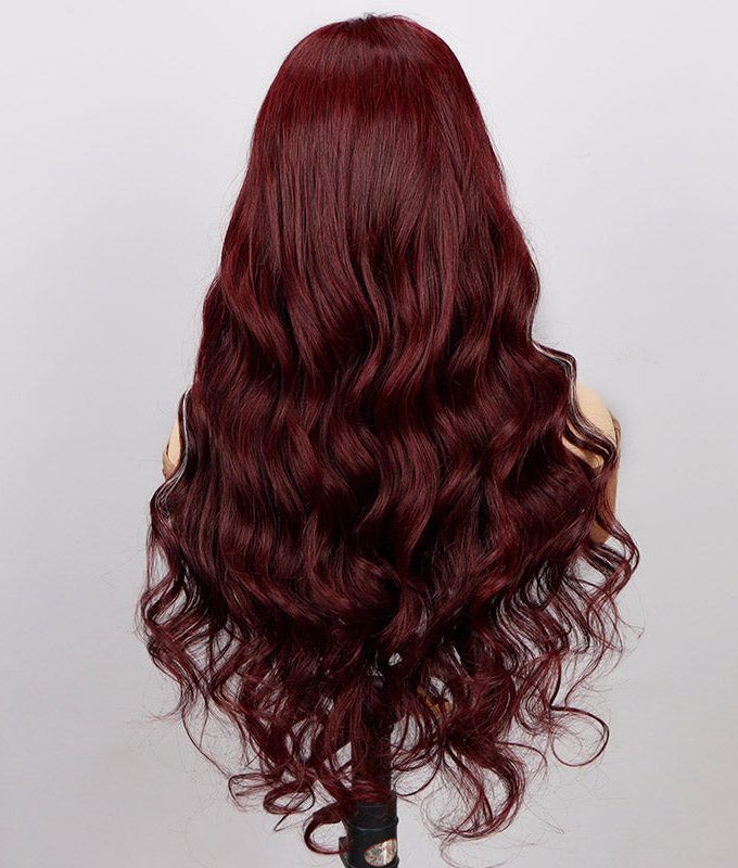 Burgundy With Blonde Skunk Stripe Highlights Wig Body Wave Human Hair 13x4.5 HD Lace Full Frontal Wig With Pre Plucked Hairline