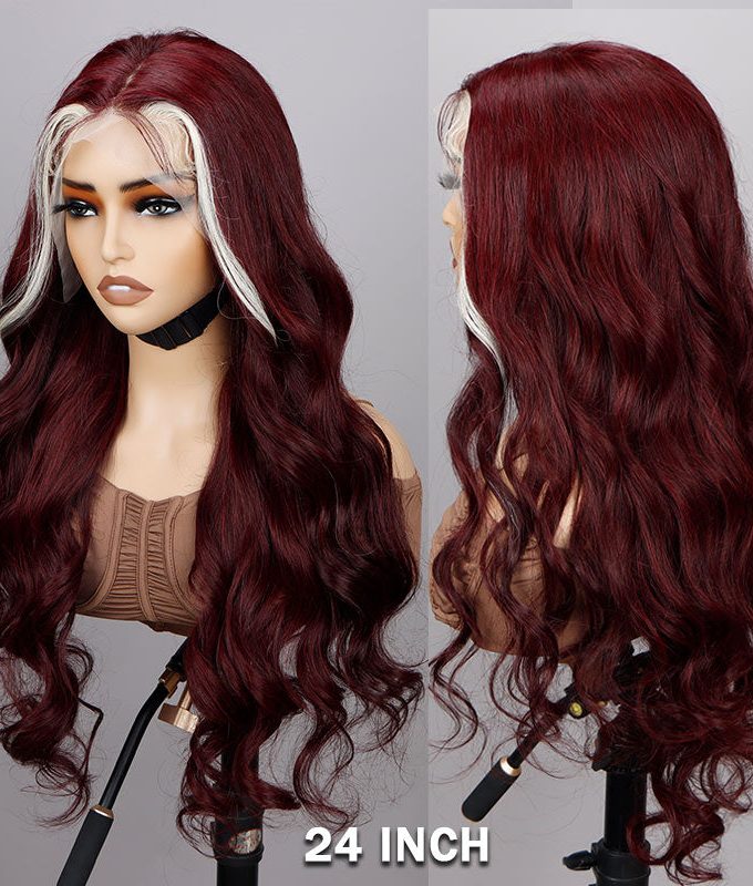 Burgundy With Blonde Skunk Stripe Highlights Wig Body Wave Human Hair 13x4.5 HD Lace Full Frontal Wig With Pre Plucked Hairline