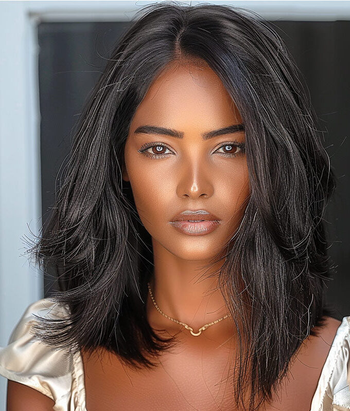 Freestyle Full Lace Wigs Silky Straight Lob Dark Salt & Pepper Human Hair Bob Part Anywhere High Breathable Cap Wig