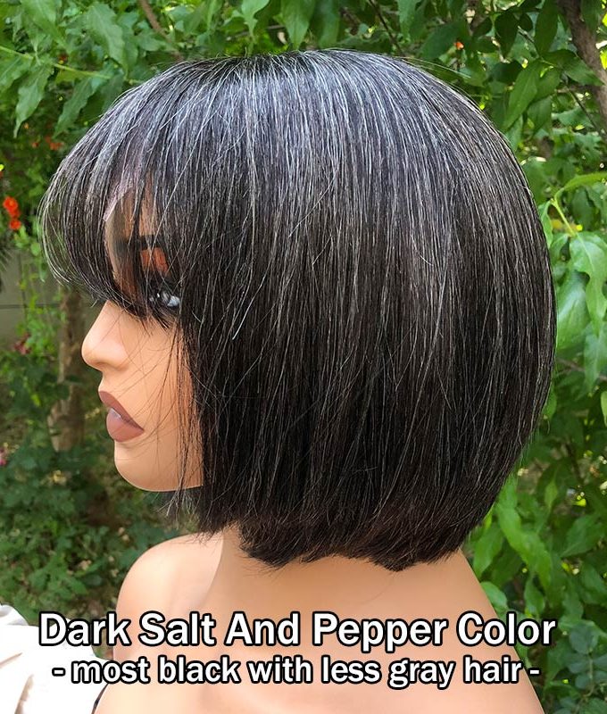 Trendy Salt & Pepper Natural Straight Wavy Bob Wear Go Glueless Human Hair Wigs With Bangs For Mature Women