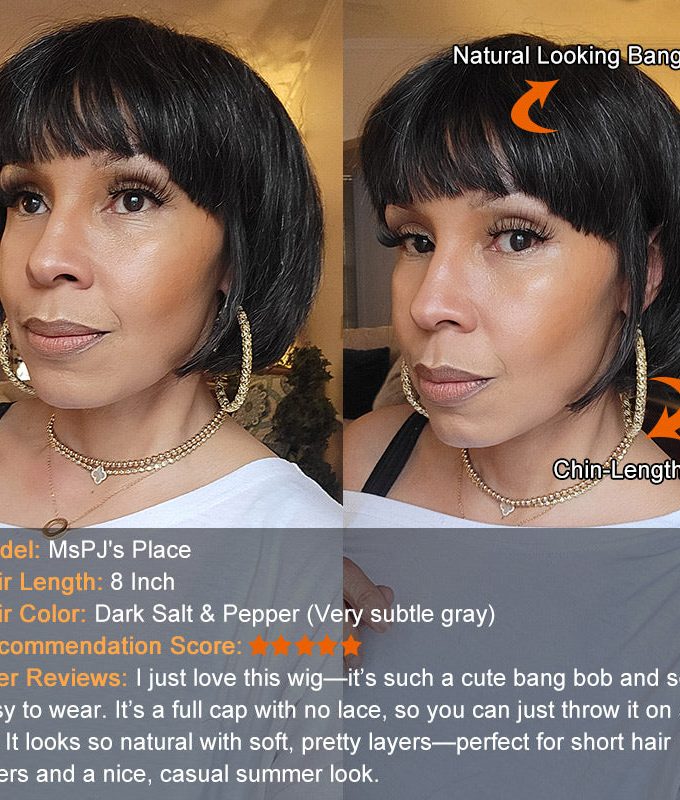 Trendy Salt & Pepper Natural Straight Wavy Bob Wear Go Glueless Human Hair Wigs With Bangs For Mature Women