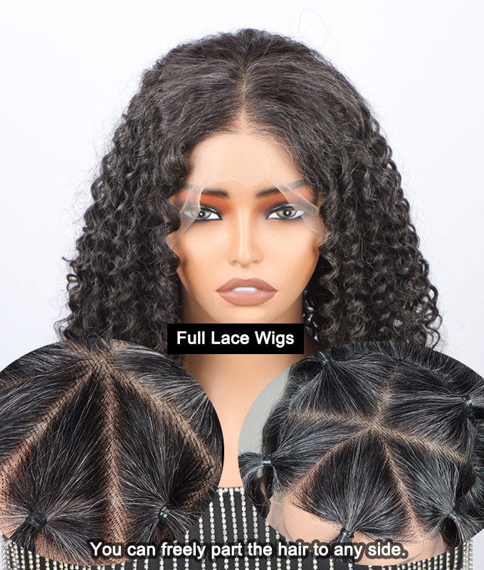 Dark Salt & Pepper Jerry Curly Freestyle Full Lace Wigs Real Human Hair Bob Part Anywhere High Breathable Cap Wig