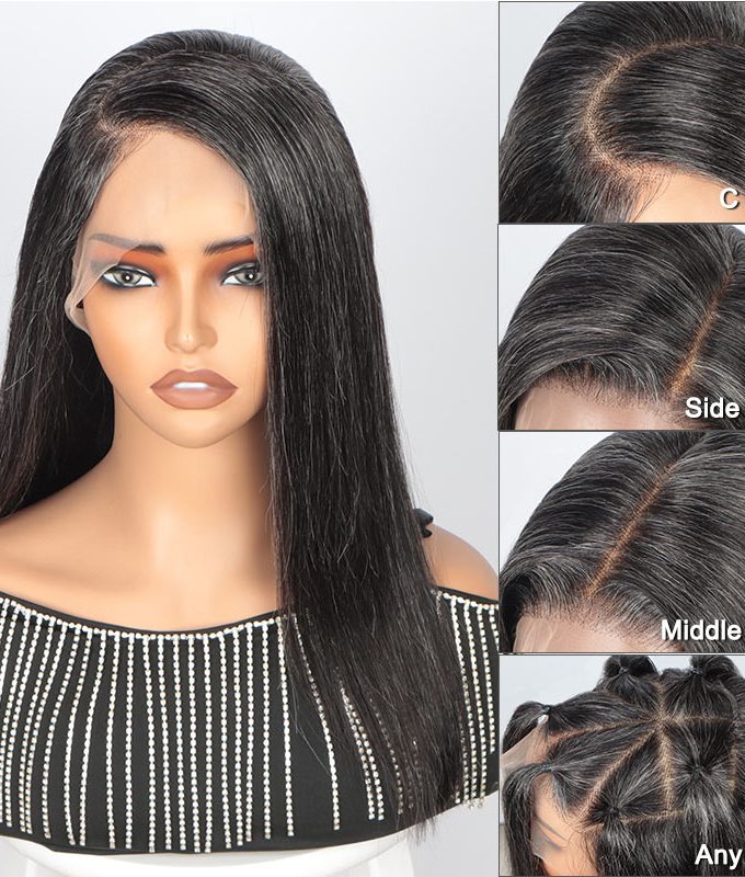Freestyle Full Lace Wigs Silky Straight Lob Dark Salt & Pepper Human Hair Bob Part Anywhere High Breathable Cap Wig