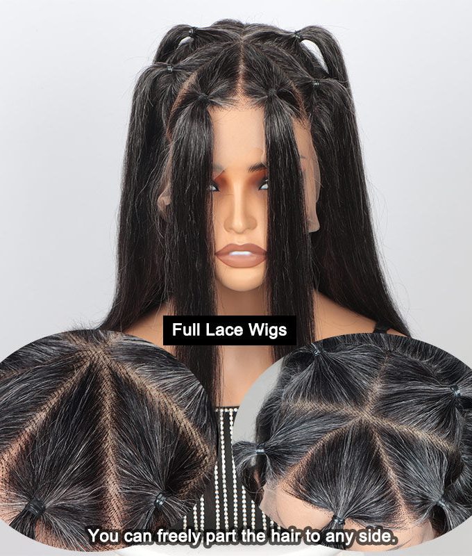 Freestyle Full Lace Wigs Silky Straight Lob Dark Salt & Pepper Human Hair Bob Part Anywhere High Breathable Cap Wig