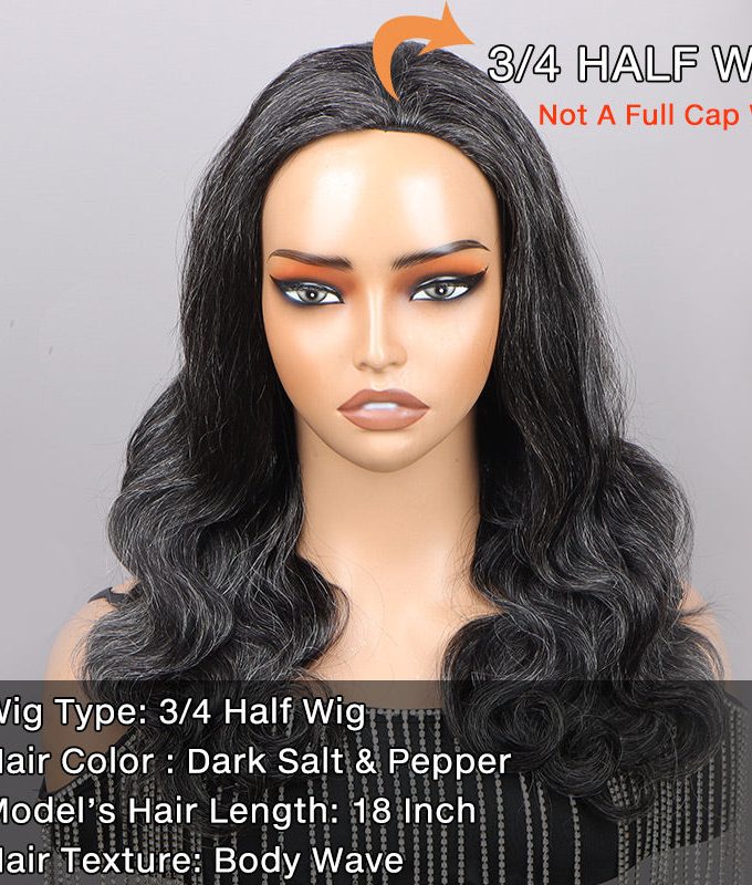 Medium Salt And Pepper Body Wave Human Hair 3 in 1 Half Wig Ready To Go Grey Wigs