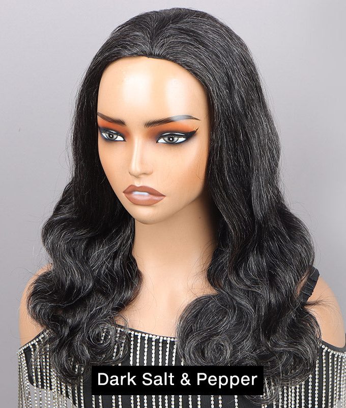 Medium Salt And Pepper Body Wave Human Hair 3 in 1 Half Wig Ready To Go Grey Wigs