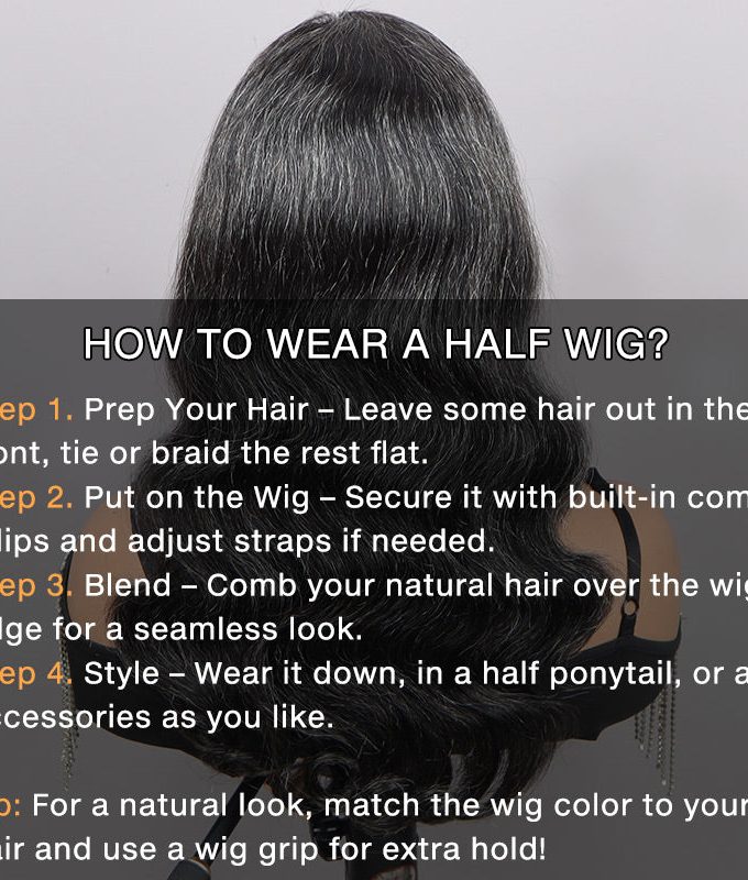 Medium Salt And Pepper Body Wave Human Hair 3 in 1 Half Wig Ready To Go Grey Wigs