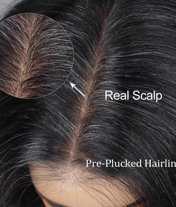 Dark Salt And Pepper Full Lace Wigs Real Scalp Wig Silk Base Wig For Seniors Wavy Human Hair Wigs