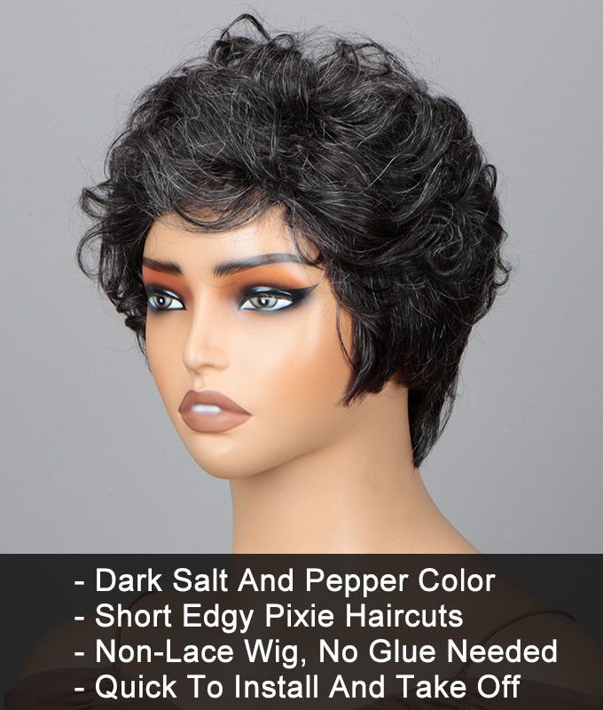 Short Pixie Wig Dark Salt & Pepper Natural Wave Human Hair Glueless Wigs For Older Women