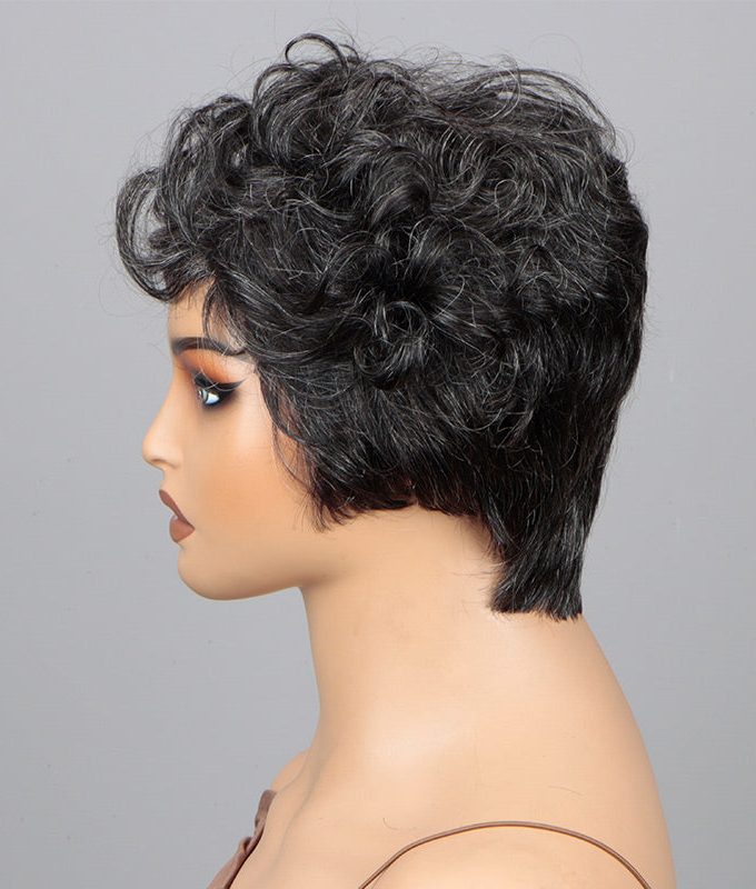 Short Pixie Wig Dark Salt & Pepper Natural Wave Human Hair Glueless Wigs For Older Women