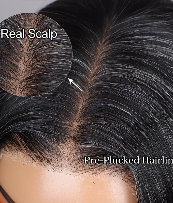 Dark Salt And Pepper Full Lace Wigs Real Scalp Wig Silk Base Wig For Seniors Straight Human Hair Wigs