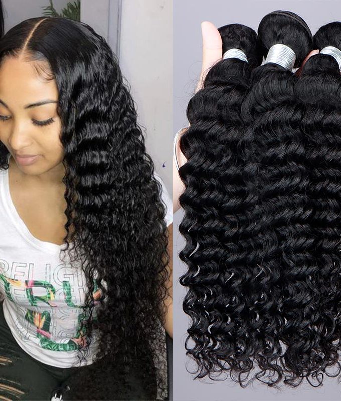 10A Grade Deep Wave Hair 3 Bundles With 4x4 Lace Closure Brazilian Human Hair Weave