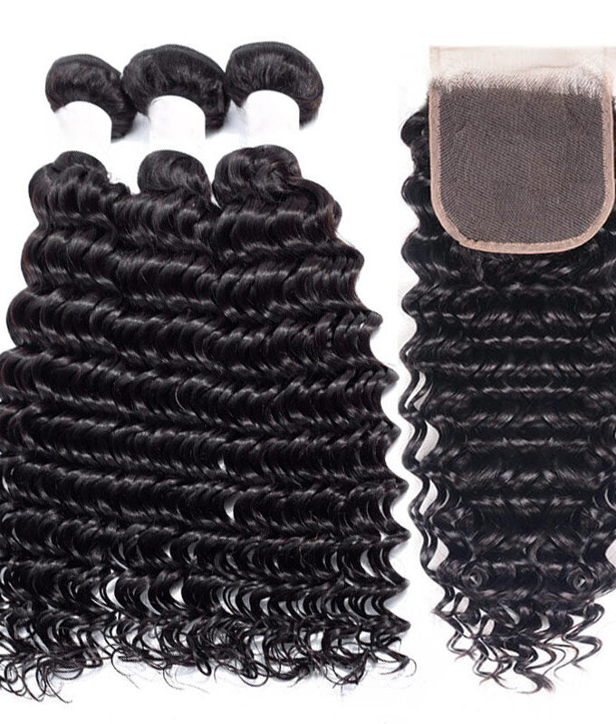 10A Grade Deep Wave Hair 3 Bundles With 4x4 Lace Closure Brazilian Human Hair Weave