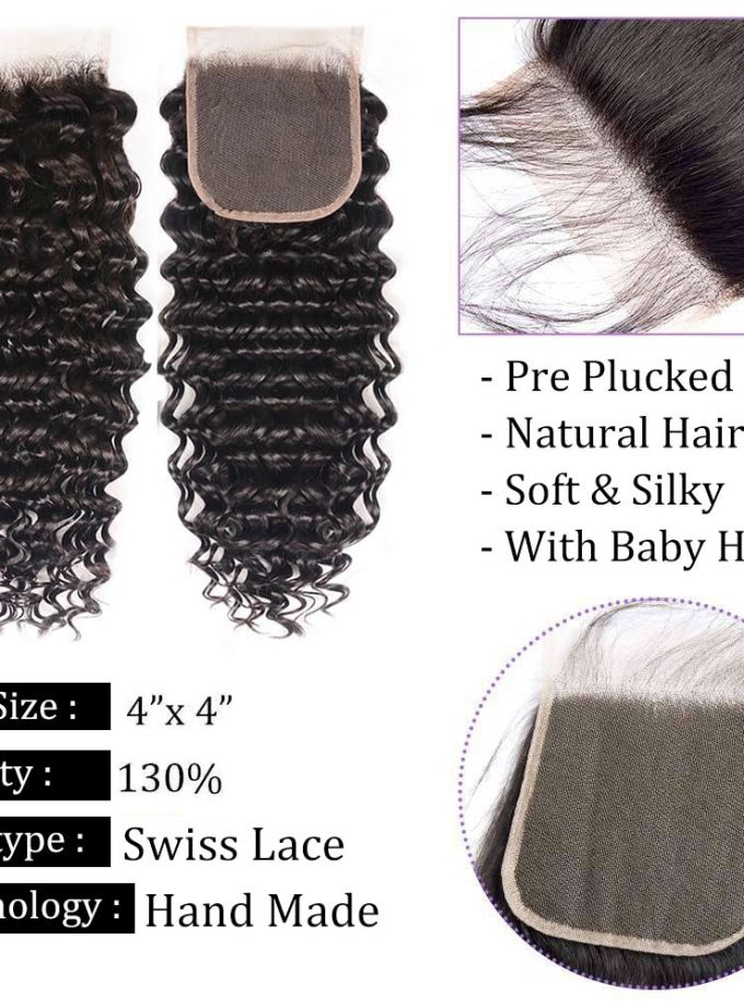 10A Grade Deep Wave Hair 3 Bundles With 4x4 Lace Closure Brazilian Human Hair Weave