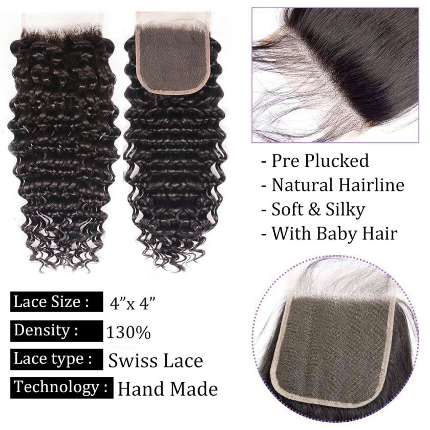 10A Grade Deep Wave Hair 3 Bundles With 4x4 Lace Closure Brazilian Human Hair Weave - Image 6