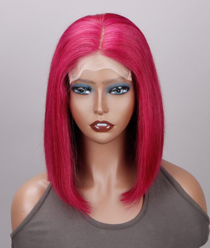 Magenta Hair Lob Silky Straight Human Hair 5x5 HD Lace Closure Bob Wigs Middle Part