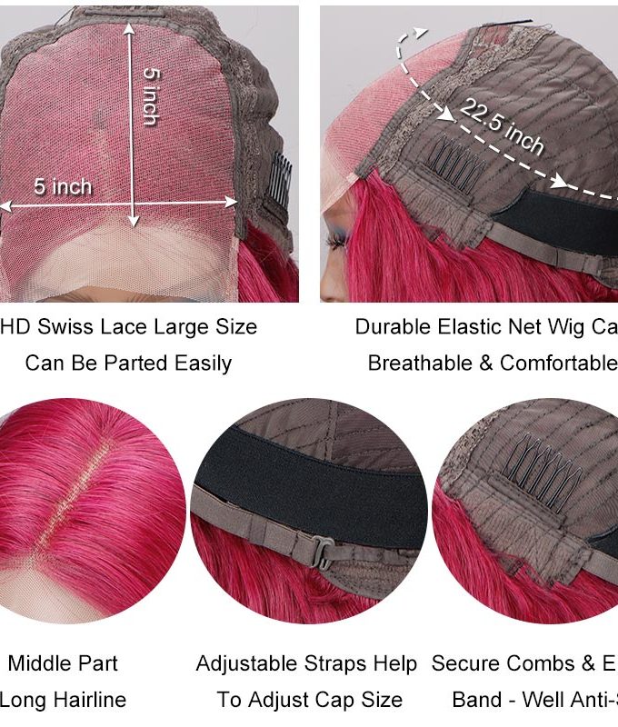 Magenta Hair Lob Silky Straight Human Hair 5x5 HD Lace Closure Bob Wigs Middle Part