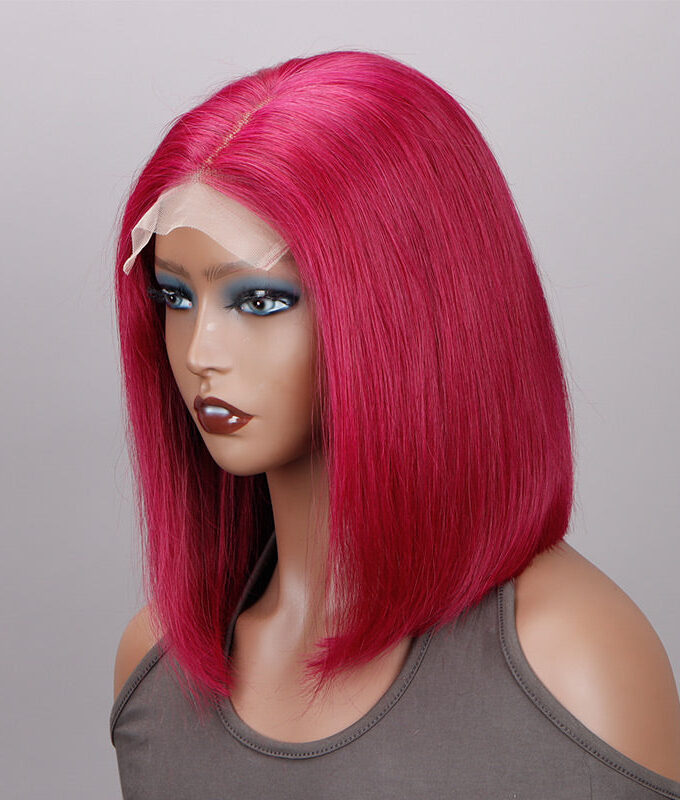 Magenta Hair Lob Silky Straight Human Hair 5x5 HD Lace Closure Bob Wigs Middle Part