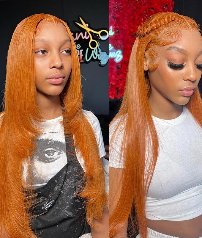 Ginger Orange Wig Silky Straight Human Hair 13x4 HD Lace Full Frontal Wig With Perfect Bleached Knots