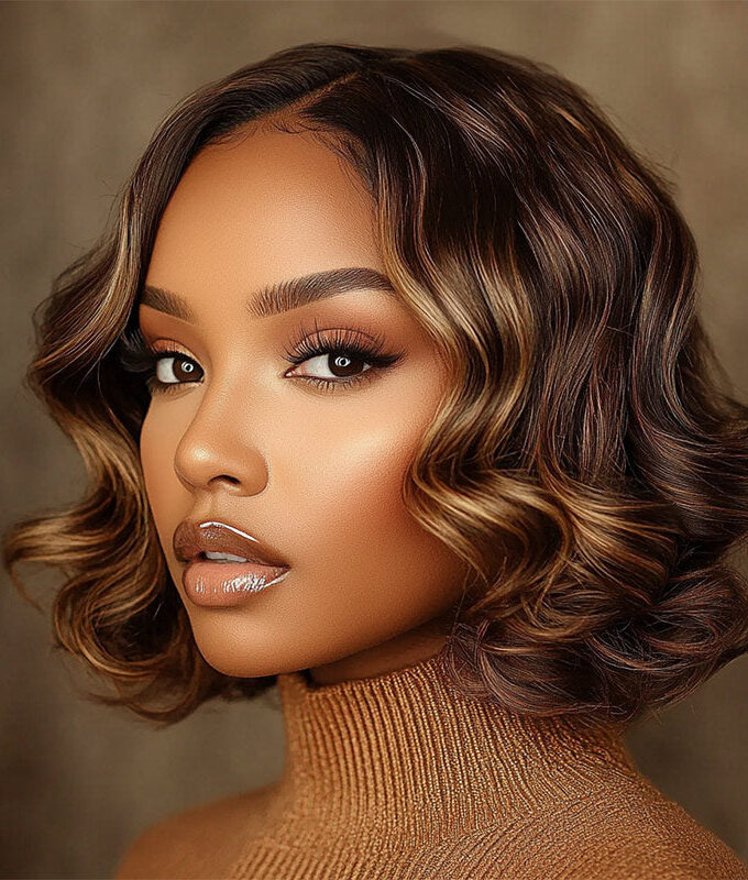 Trendy Brown Hair With Golden Blonde Highlights Loose Wave Bob 4x4 Lace Glueless Human Hair Wigs
