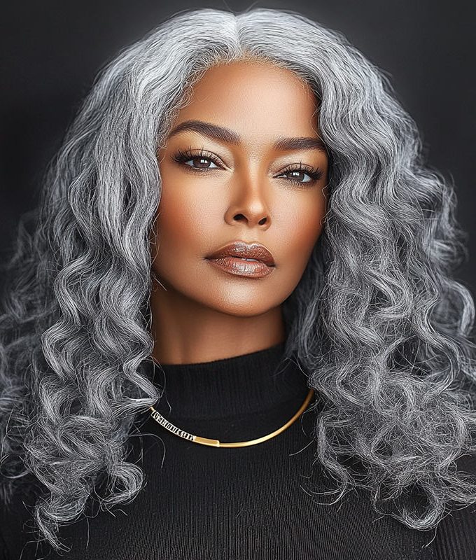 Elegant Silver Gray 13x4 Full Frontal Lace Wig Loose Curly Human Hair Salt And Pepper Wig For Women