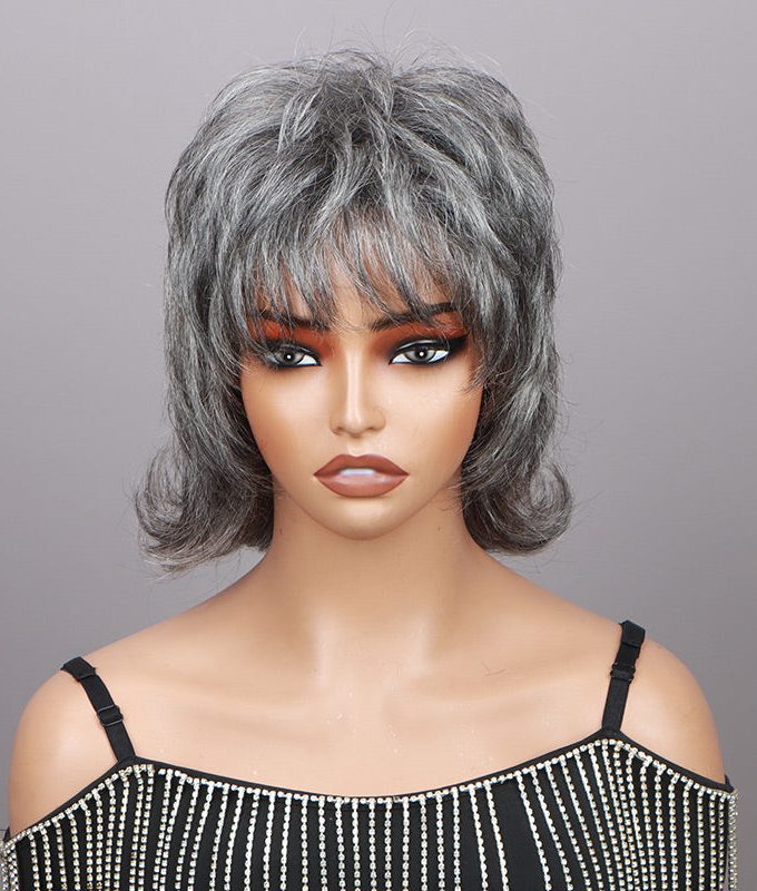 Silver Chic Gray Shaggy Mullet Hairstyle Salt & Pepper No-Lace Human Hair Wigs for Women