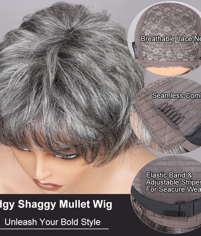 Silver Chic Gray Shaggy Mullet Hairstyle Salt & Pepper No-Lace Human Hair Wigs for Women