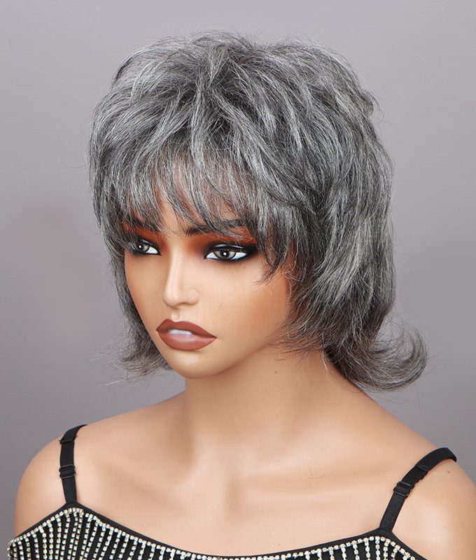 Silver Chic Gray Shaggy Mullet Hairstyle Salt & Pepper No-Lace Human Hair Wigs for Women
