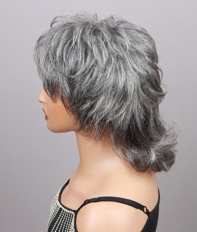 Silver Chic Gray Shaggy Mullet Hairstyle Salt & Pepper No-Lace Human Hair Wigs for Women