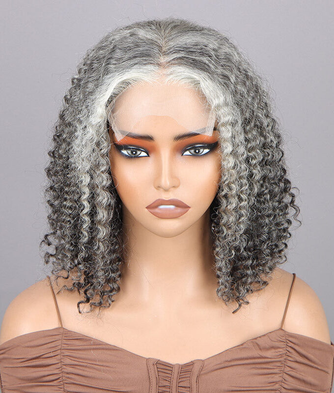 Dark Grey Wig For Seniors Salt And Pepper Color Kinky Curly Human Hair 5x5 HD Lace Bob Wigs