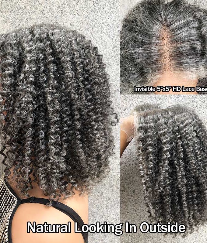 Dark Grey Wig For Seniors Salt And Pepper Color Kinky Curly Human Hair 5x5 HD Lace Bob Wigs