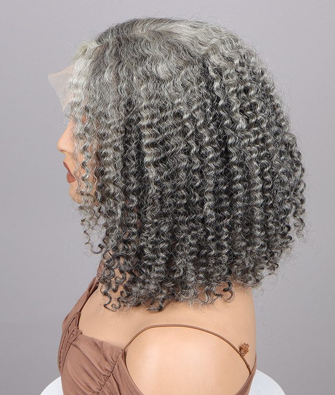 Dark Grey Wig For Seniors Salt And Pepper Color Kinky Curly Human Hair 5x5 HD Lace Bob Wigs