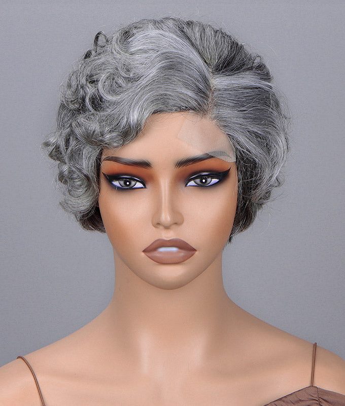 Seniors Short Edgy Pixie Haircuts Salt & Pepper Wig Natural Wave Human Hair Glueless Minimalist Lace Part Gray Wigs For Older Women-GPXW004C
