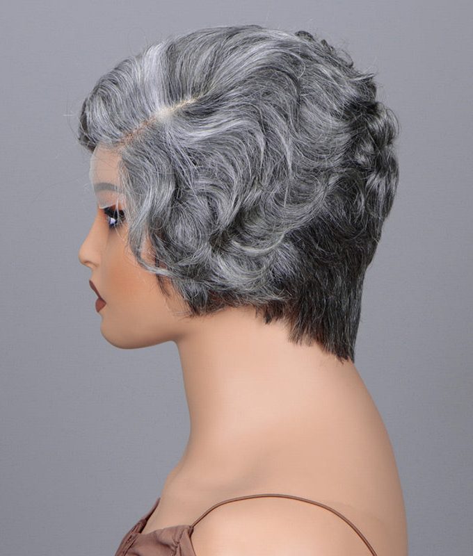 Seniors Short Edgy Pixie Haircuts Salt & Pepper Wig Natural Wave Human Hair Glueless Minimalist Lace Part Gray Wigs For Older Women-GPXW004C