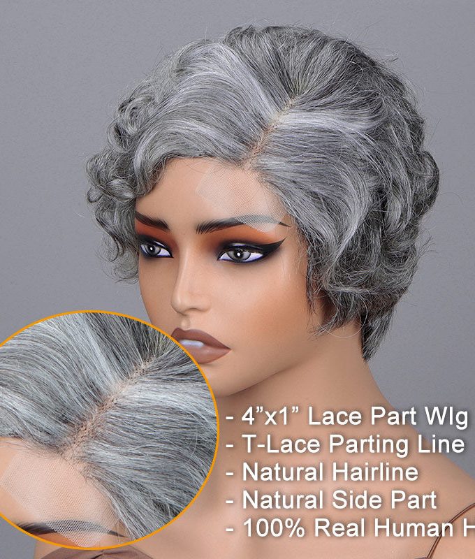 Seniors Short Edgy Pixie Haircuts Salt & Pepper Wig Natural Wave Human Hair Glueless Minimalist Lace Part Gray Wigs For Older Women-GPXW004C