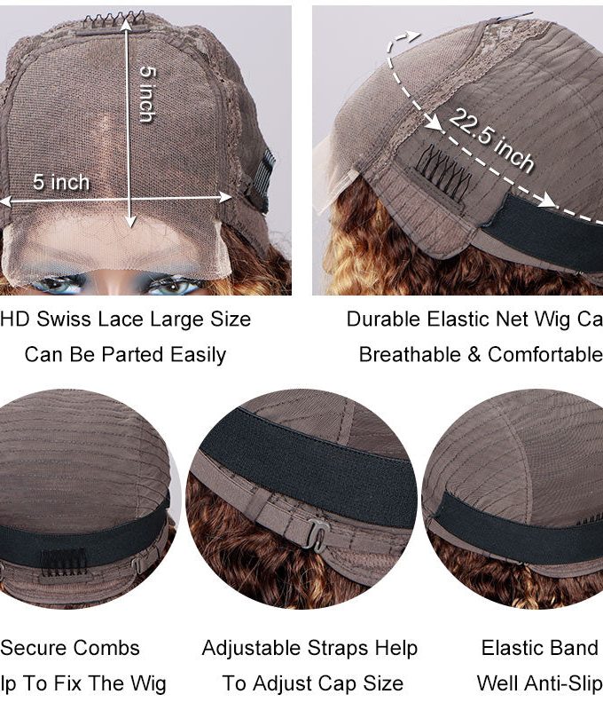 Honey Blonde Highlights Brown Kinky Curly Bob Wig 5x5 HD Lace Glueless Human Hair Wigs