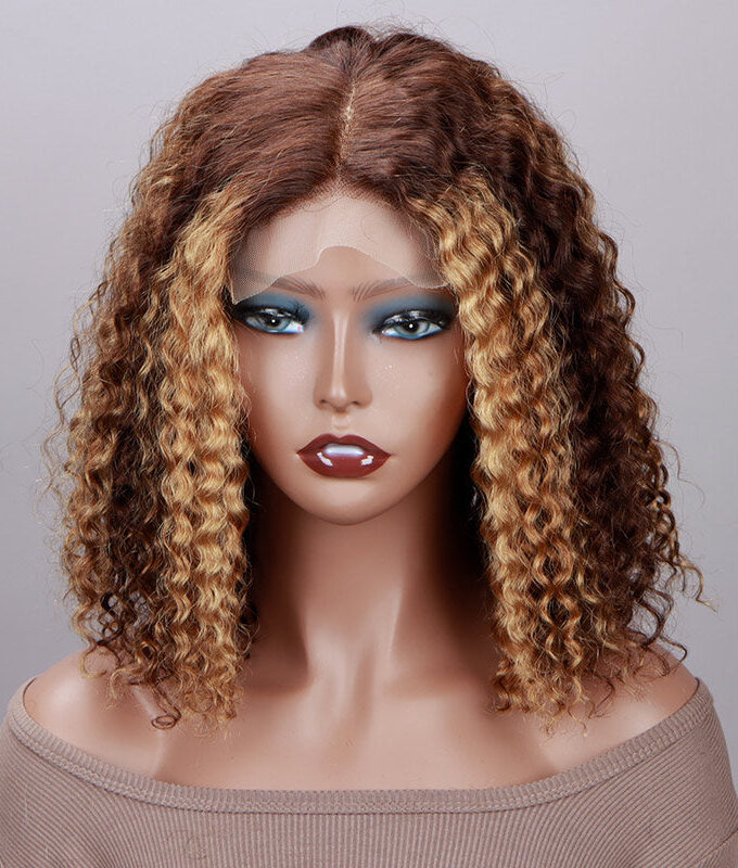 Brown Hair With Honey Blonde Highlights Jerry Curly Bob 5x5 HD Lace Glueless Human Hair Wigs Middle Part