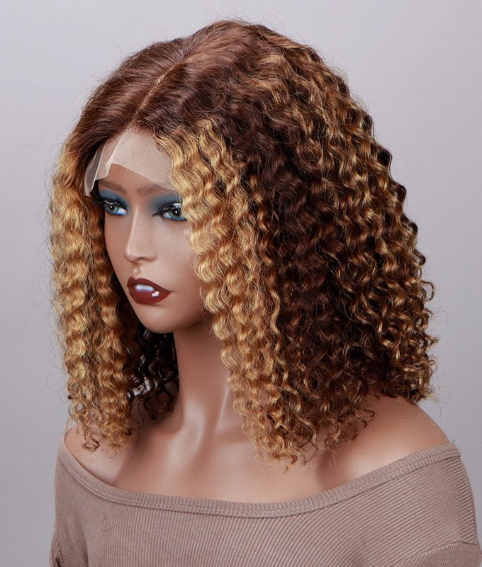 Brown Hair With Honey Blonde Highlights Jerry Curly Bob 5x5 HD Lace Glueless Human Hair Wigs Middle Part
