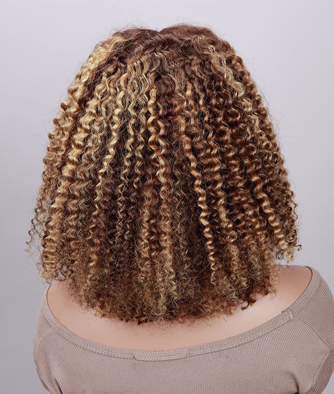 Honey Blonde Highlights Brown Kinky Curly Bob Wig 5x5 HD Lace Glueless Human Hair Wigs