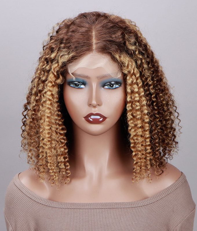 Honey Blonde Highlights Brown Kinky Curly Bob Wig 5x5 HD Lace Glueless Human Hair Wigs