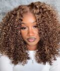 Honey Blonde Highlights Brown Kinky Curly Bob Wig 5x5 HD Lace Glueless Human Hair Wigs