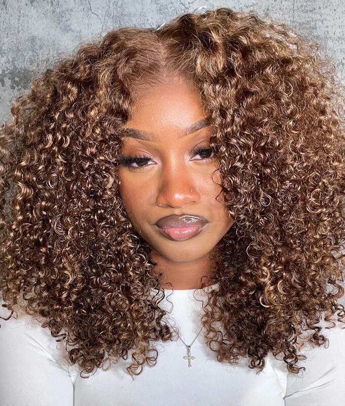 Honey Blonde Highlights Brown Kinky Curly Bob Wig 5x5 HD Lace Glueless Human Hair Wigs