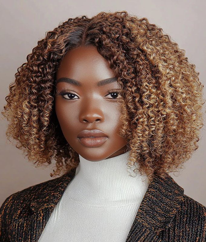 Honey Blonde Highlights Brown Kinky Curly Bob Wig 5x5 HD Lace Glueless Human Hair Wigs