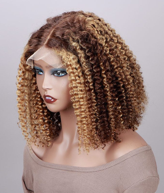 Honey Blonde Highlights Brown Kinky Curly Bob Wig 5x5 HD Lace Glueless Human Hair Wigs