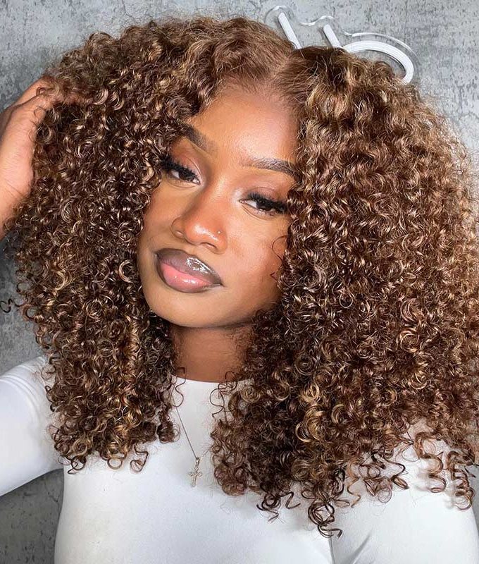 Honey Blonde Highlights Brown Kinky Curly Bob Wig 5x5 HD Lace Glueless Human Hair Wigs