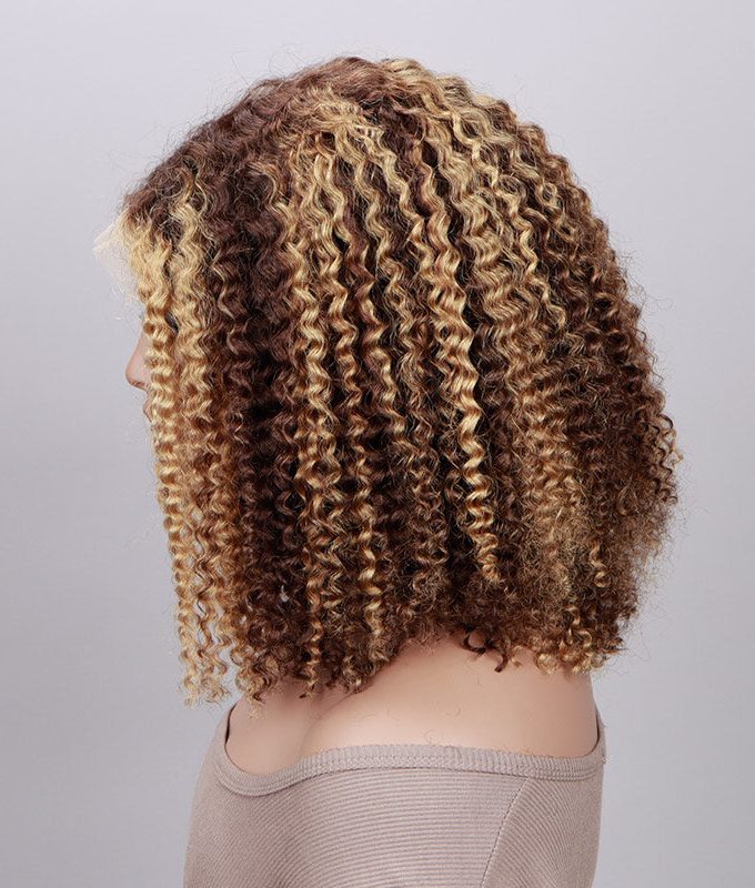 Honey Blonde Highlights Brown Kinky Curly Bob Wig 5x5 HD Lace Glueless Human Hair Wigs