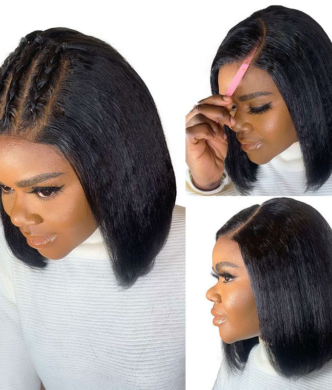 Kinky Straight Bob Wig with 4C Edge Hairline Side Part 5x5 HD Lace Closure Yaki Human Hair Wigs