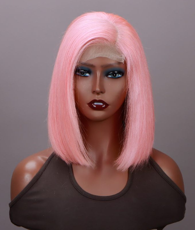 Light Pink Bob 5x5 HD Lace Closure Wigs Silky Straight Human Hair C-Part Lob Wig