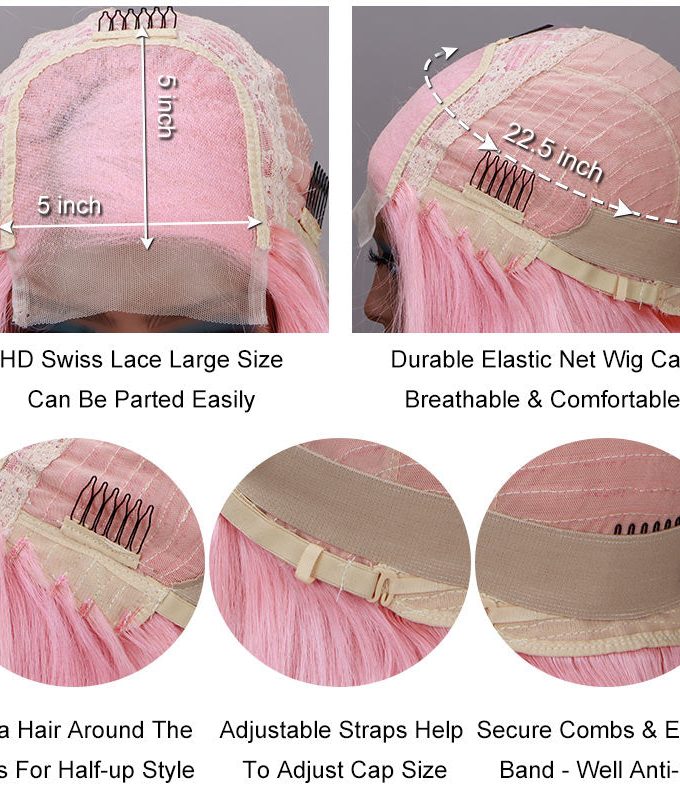 Light Pink Bob 5x5 HD Lace Closure Wigs Silky Straight Human Hair C-Part Lob Wig