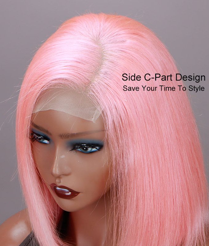 Light Pink Bob 5x5 HD Lace Closure Wigs Silky Straight Human Hair C-Part Lob Wig